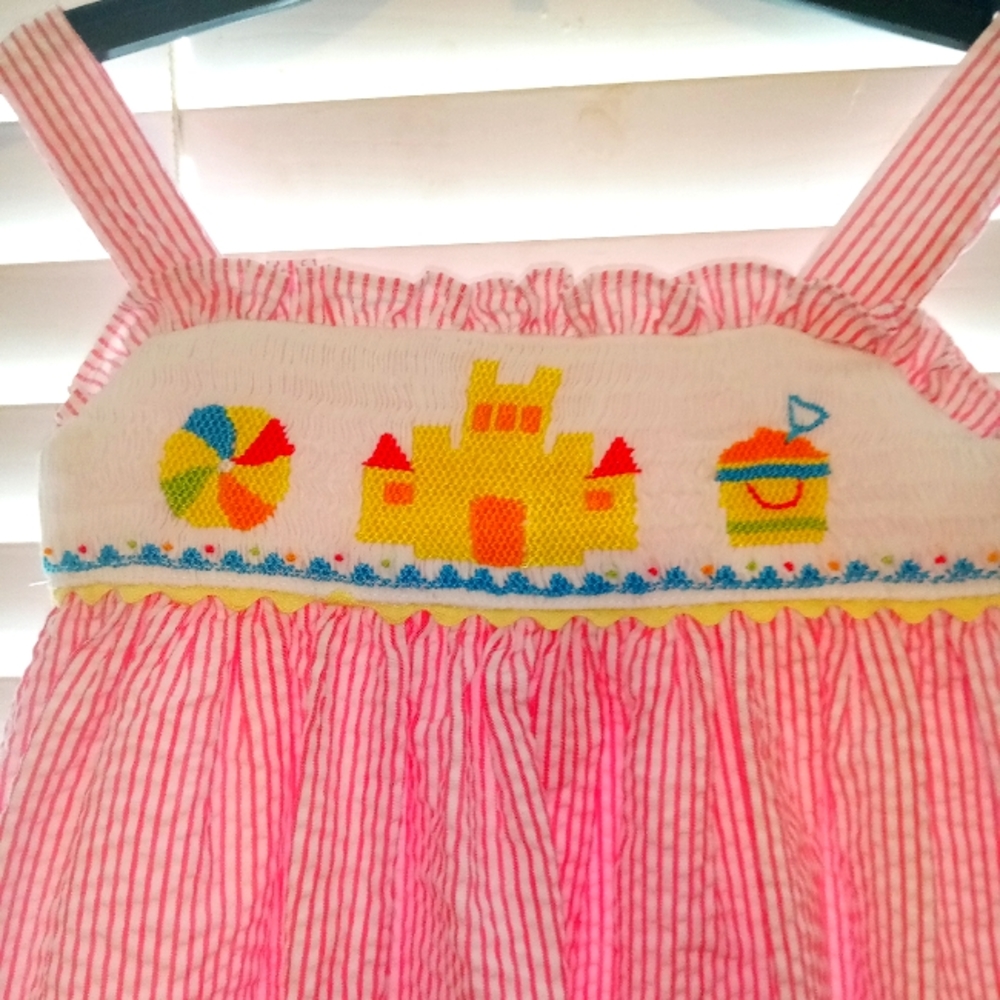Marmellata Seersucker Pink and White Stripped, Smocked Beach dress. Size 5-7.